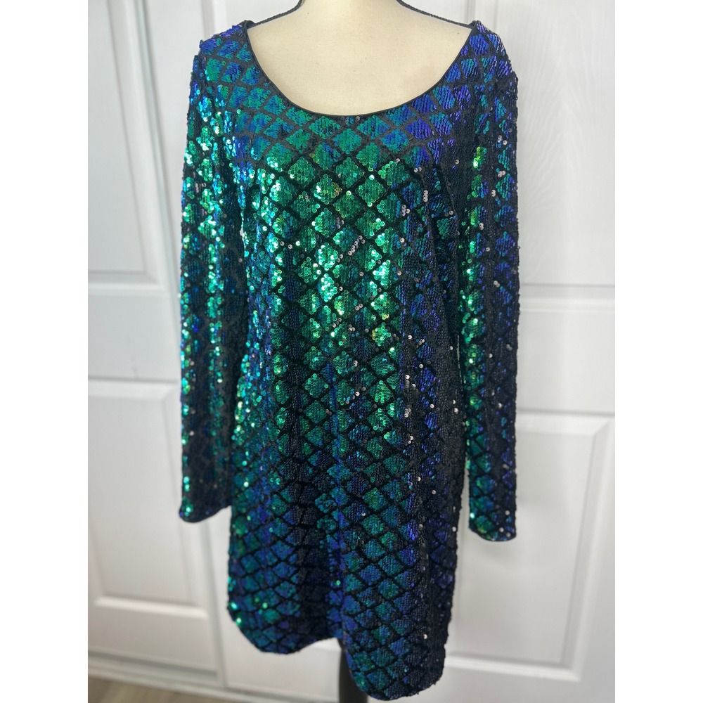 Forever 21+ Green Blue Harlequin Sequin Open Back Mini Dress 1X Party Clubwear